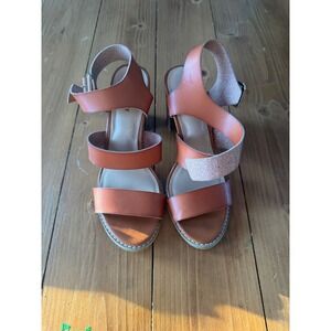Old Navy Women Brown Leather Block Heel Ankle Strap Sandals Size 7